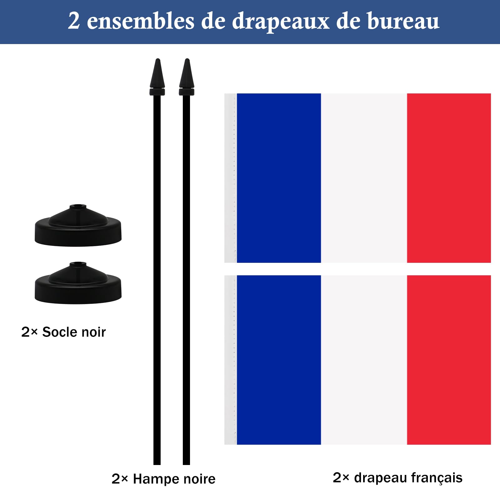 Ensemble de Drapeau Français de Table 21 x 14 CM avec Hampe et Socle 2 Pièces