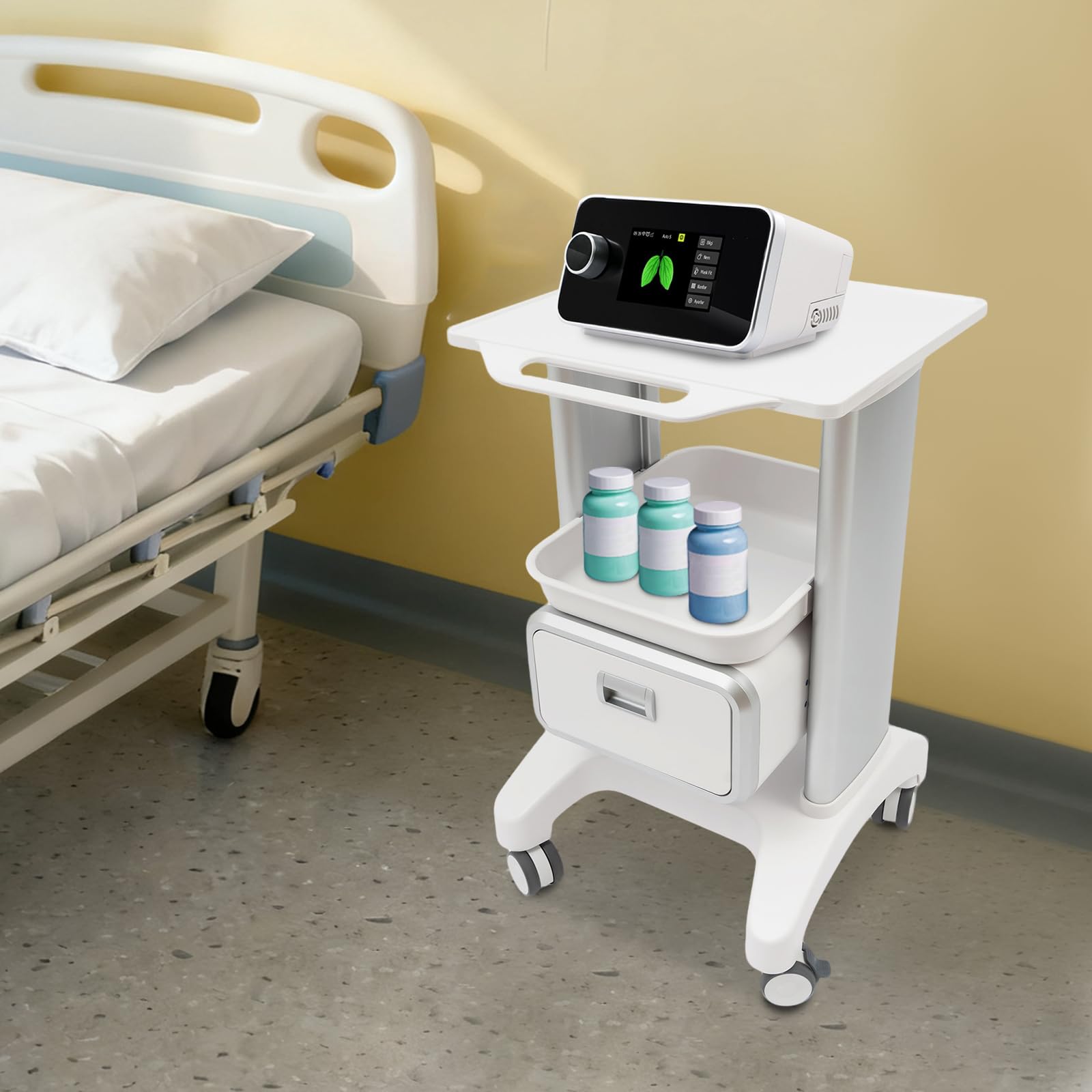 Carro médico con ruedas Carro móvil para instrumentos cosméticos Carro de herramientas con ruedas Material ABS 100kg Capacidad de carga 4 Ruedas universales 2 con frenos 1 cajón 2 tabletas