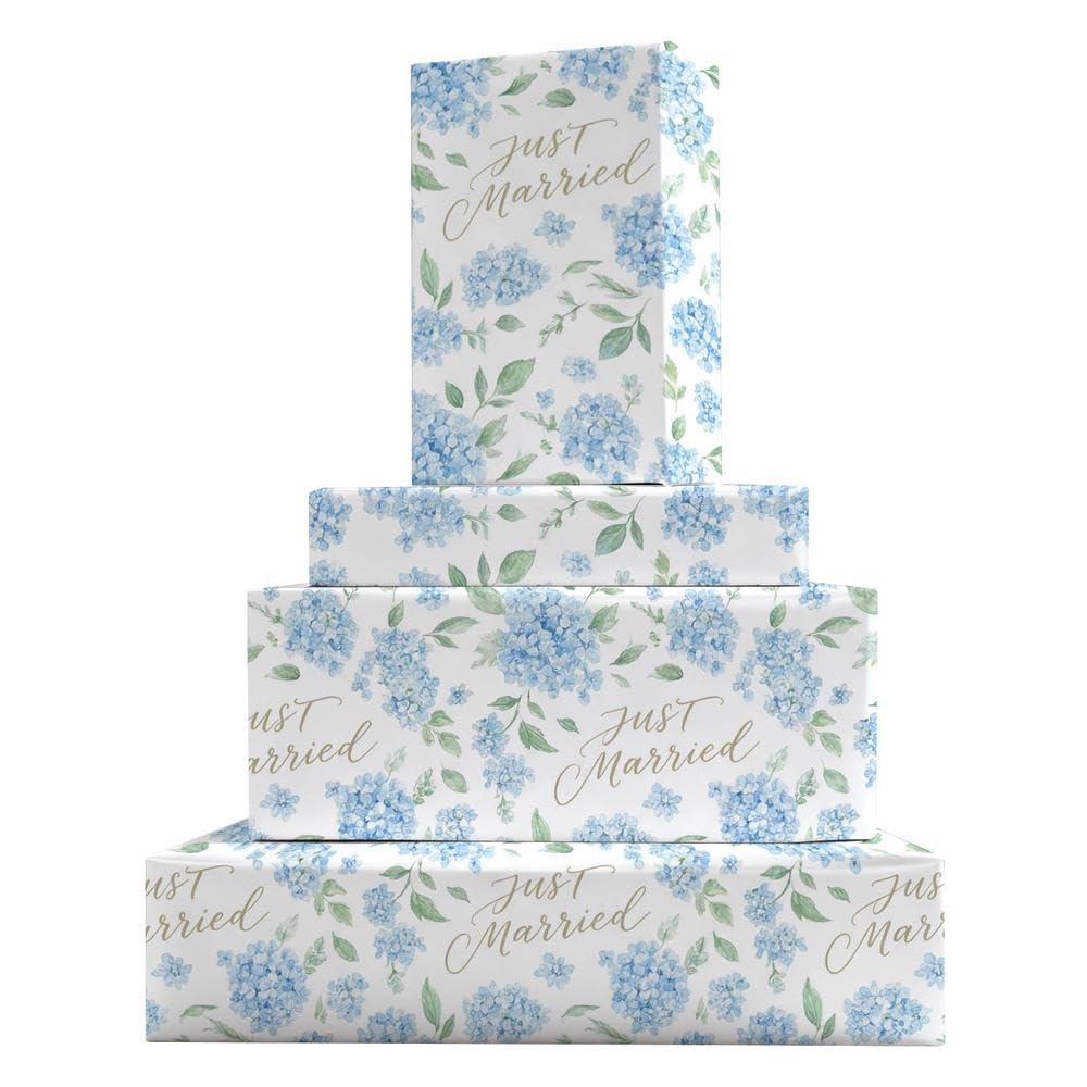 GleeWrap Hydrangea Wedding Wrapping Paper, 4 Sheets Just Married Wedding Floral Themed Gift Wrap, 50x70cm Art Paper for Bridal Showers, Engagement Parties, Wedding Celebrations & Gift Giving