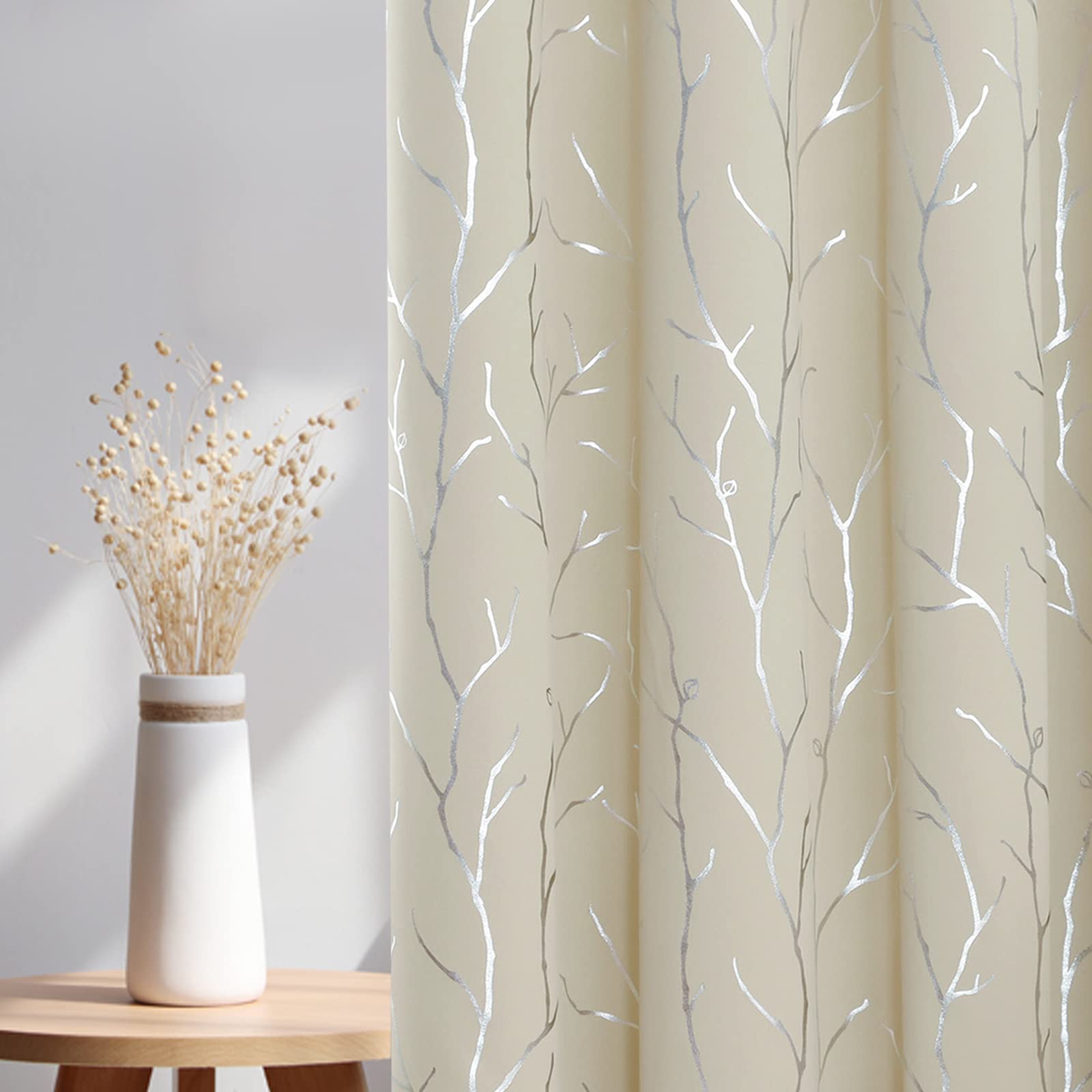 Blackout Curtains 108" Long 2 Panels - Silver Tree Print Light Grey, Thermal Insulated & Grommet Top