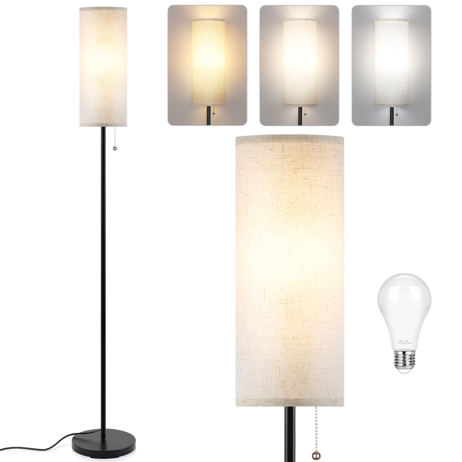 Floor Lamp for Living Room, 3 Color Temperature Modern Standing Lamps, Minimalist Pole Lamp Tall Lamps for Bedroom Living Room Office,Black