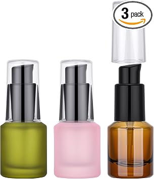 Segbeauty 0.5oz Frosted Glass Pump Bottle Dispenser, 3pcs Empty Travel Size Bottles with Pump, 15ml Refillable Travel Lotion Container, Mini Liquid Containers for Creams Oils Bottle in Mixed Color