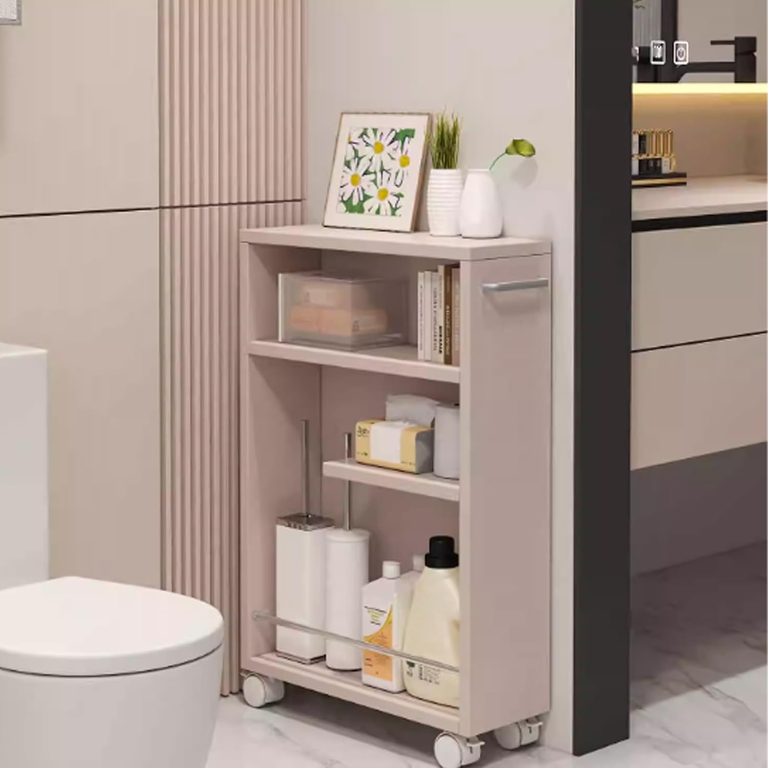 PAKMEZ Slim Rolling Storage Cart, with Wooden Top and Metal Handle, Space Saving, Easy to Clean, for Laundry Kitchen Bathroom Narrow Places Small Corner(Gray,48 * 15 * 69cm/18 * 5 * 27in)