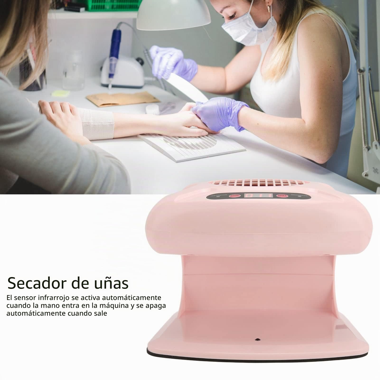 Secador de Uñas Automático de 300 W con Sensor Infrarrojo, Ventilador de Aire Caliente y Frío para Esmalte, Temporizador Ajustable hasta 999 s