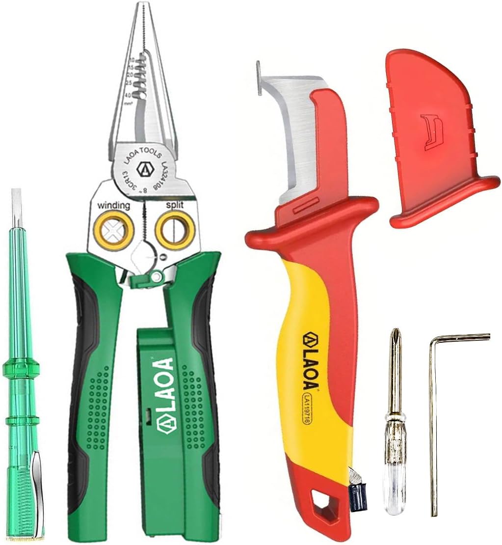 LAOA Wire Stripper with Electricity Measurement,8-in-1 Wire Stripping Pliers for Cutting,Pulling wires,Cable Scissors for Scraping,Pressing Wires,with Voltage Test,with LA119716 Insulation Knife