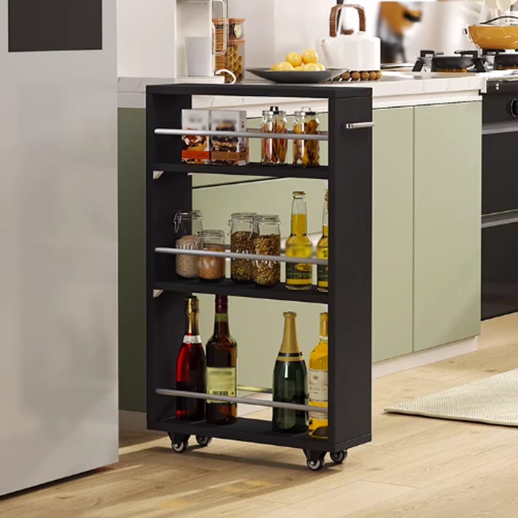 Carrello sottile a 4 ripiani con ruote, portaoggetti stretto per cucina e bagno, in noce nero, 45 x 15 x 80,3 cm, scaffale mobile salvaspazio
