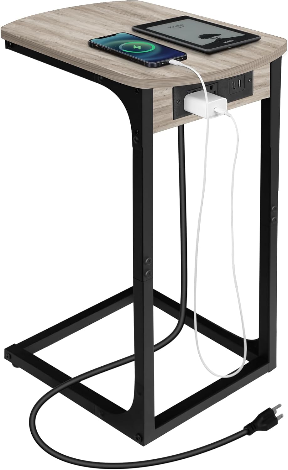 Hzuaneri L Shaped End Table with Charging Station, Bed Side