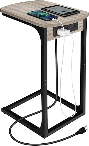 Hzuaneri Mesa auxiliar en forma de L con estación de carga, mesa auxiliar de cama con puerto USB y tomacorriente, mesa de sofá, mesa de aperitivos C