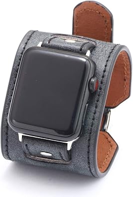 NIGHTCRUZ Compatible with Leather Apple Watch Band - Wide Leather Adjustable Bracelet for Apple Watch Series 5/4/3 Black, 42mm/44mm