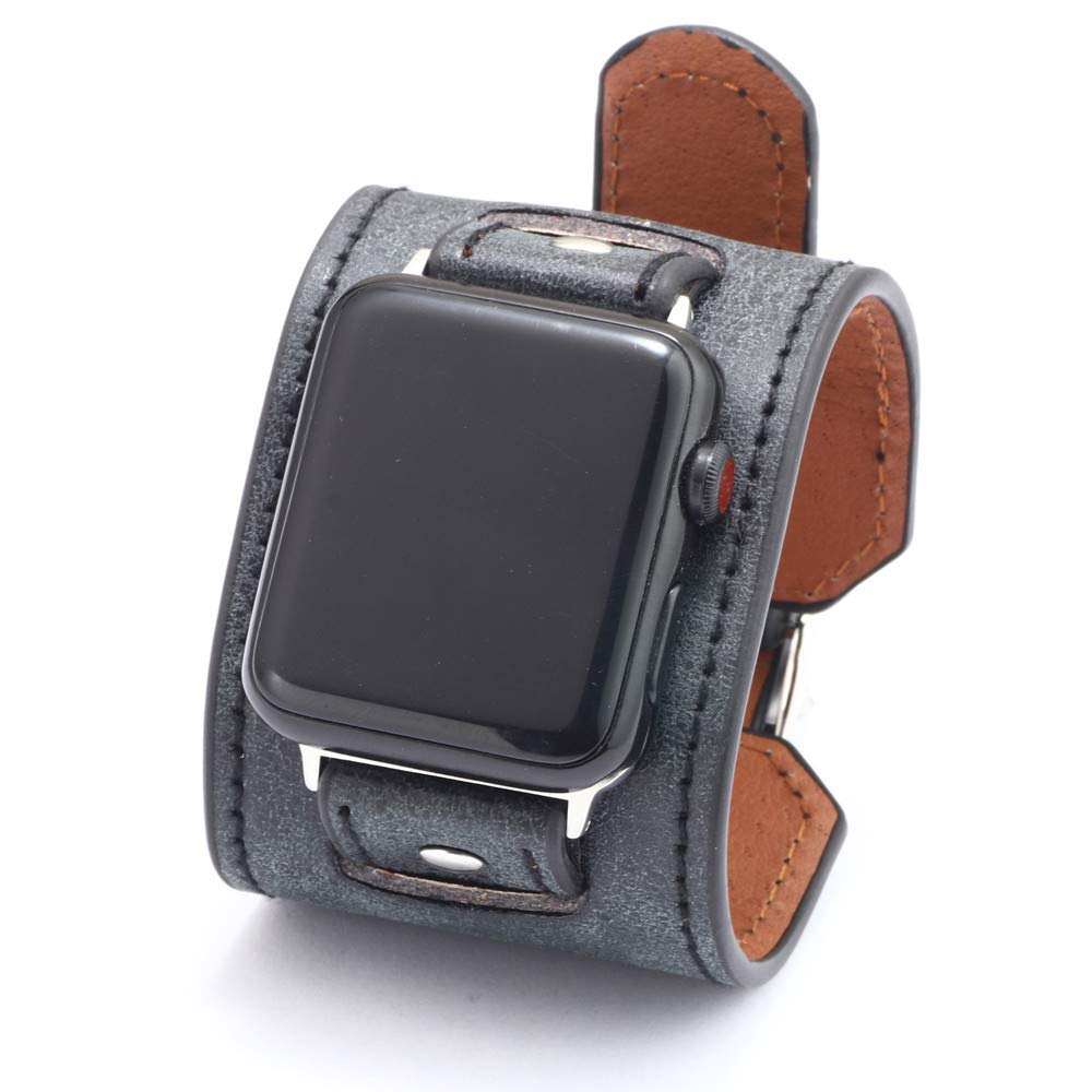 NIGHTCRUZ Compatible with Leather Apple Watch Band - Wide Leather Adjustable Bracelet for Apple Watch Series 5/4/3 (Black, 42mm/44mm)