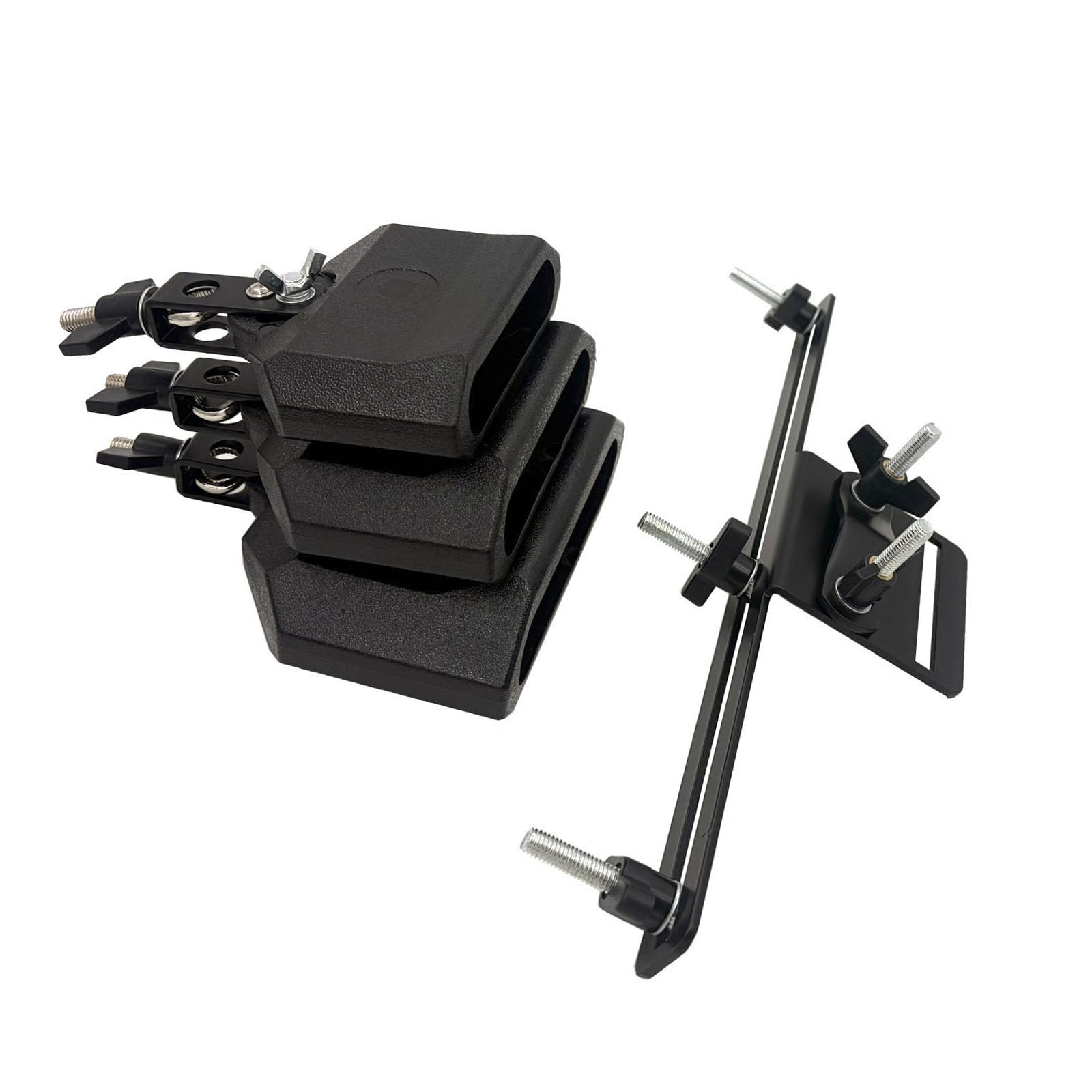 Jiayouy Percussion Jam Block Set con morsetto di montaggio, in plastica, nero, toni alti, medi, bassi, campanacci con staffa di montaggio per batteria
