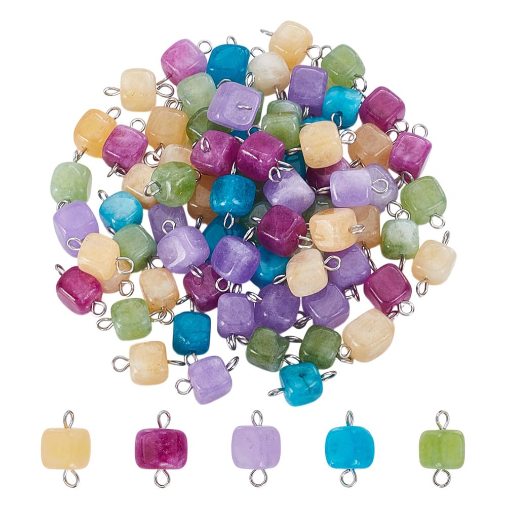 HOBBIESAY 80Pcs Natural Gemstone Charms Cube Connectors Pendants Natural Stone Crystal Dangle Charms with Brass Double Loops for DIY Bracelets Earring Necklace Jewelry Making Hole:3x3.5mmand2x2.5mm
