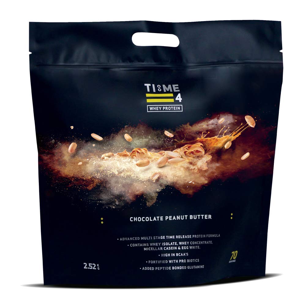 Time 4 Nutrition Time Release Whey Protein Powder, Whey Isolate, Whey Protein Concentrate, Micellar Casein, BCAAs, Glutamine - Muscle Building & Recovery (Chocolate Peanut Butter, 2.52kg Bag)