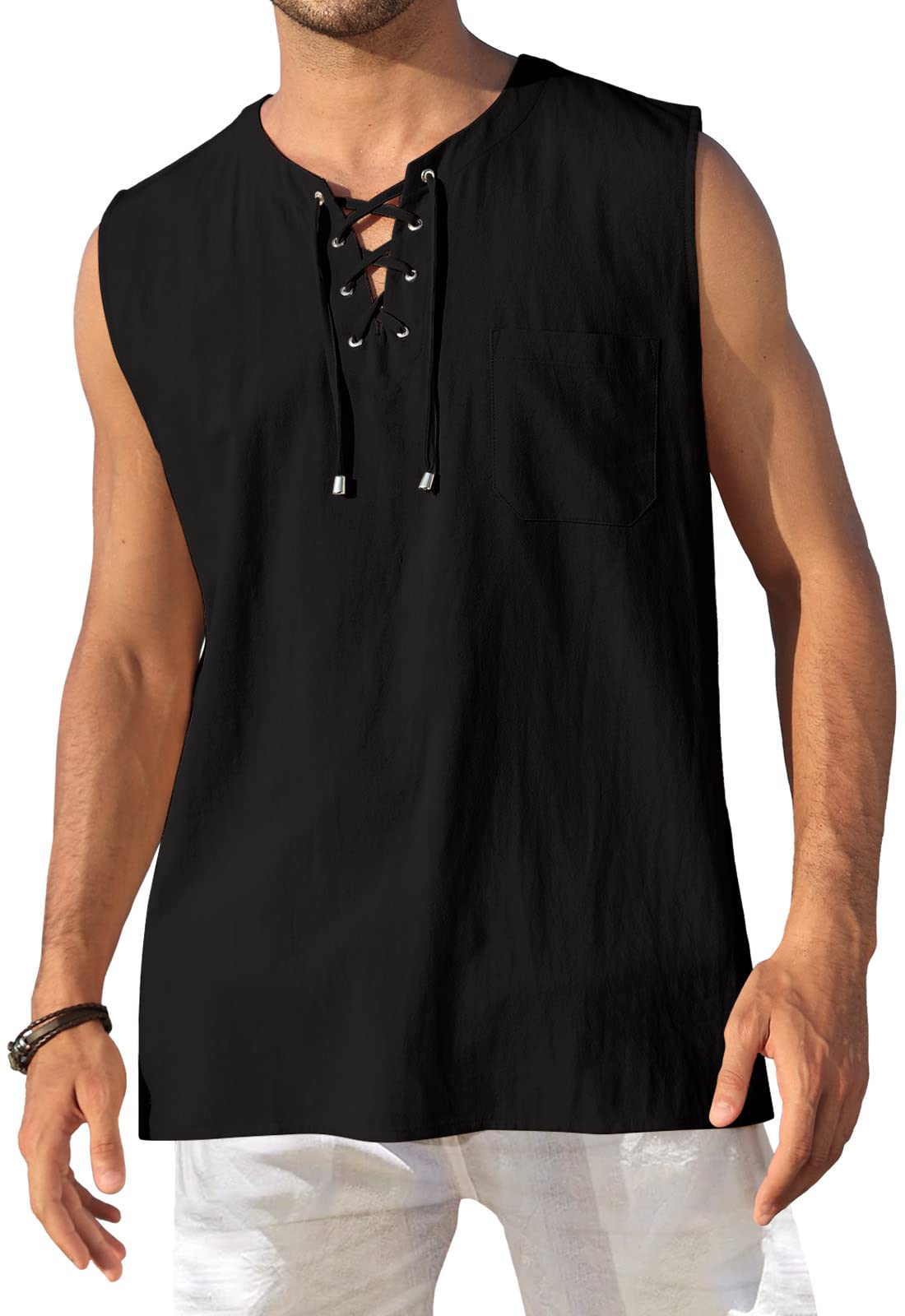 KUYIGO Men's Fashion Beach Sleeveless Shirts Hippie Tank Top Linen Viking Tunic for Summer