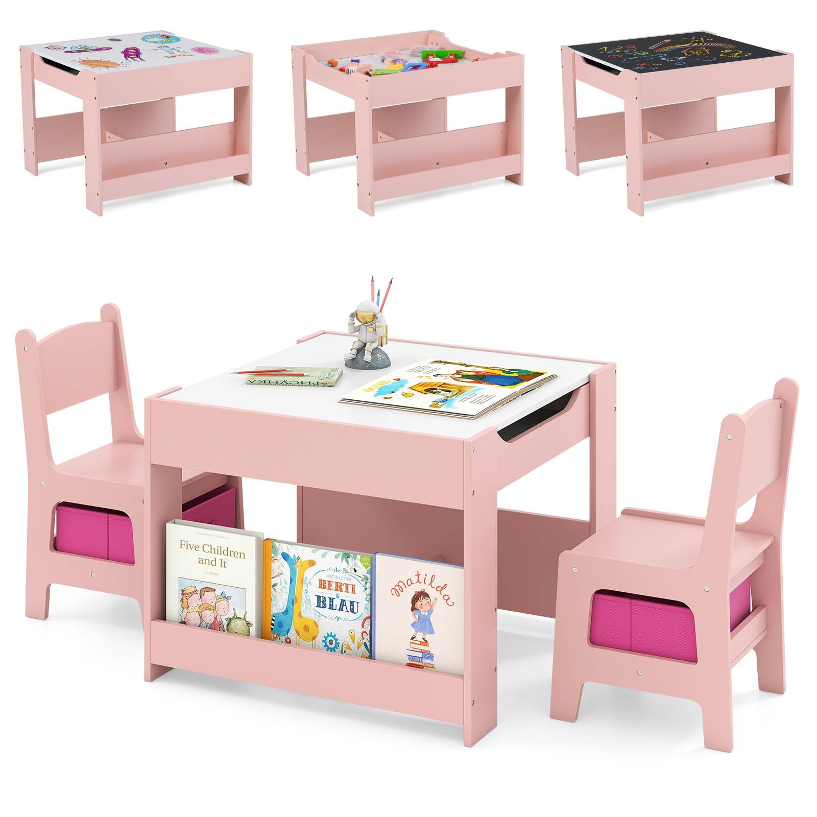 GYMAX Kids Table and Chairs Set, 4 in 1 Children Activity Desk with 2 Chairs, Reversible Tabletop, Bookshelves and Storage Bins, Wooden Toddler Table Set for Boys Girls (White+Pink, 61x61x48cm)