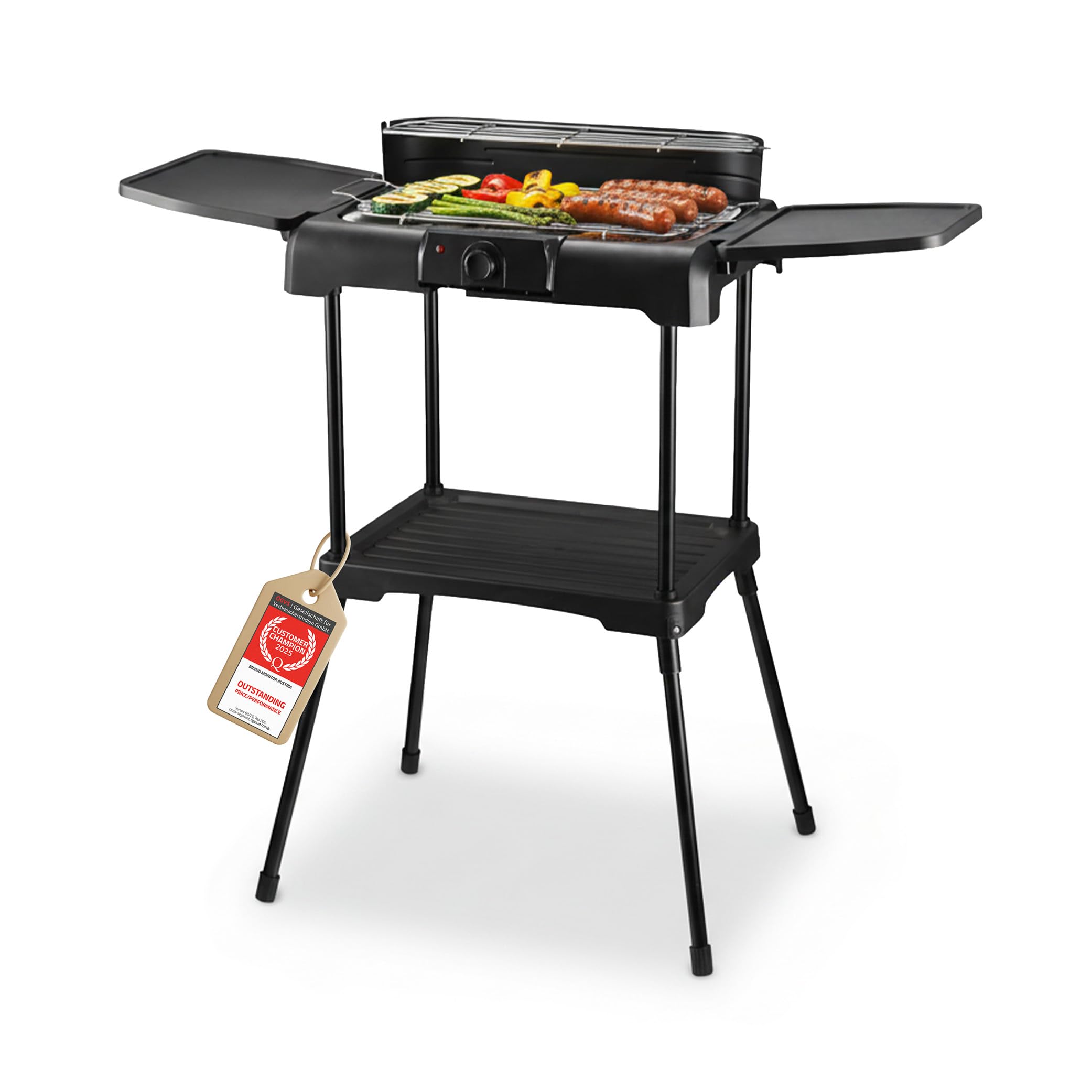 TZS First Austria - Barbacoa Eléctrica 2200W - Grill 2 en 1 con Paravientos - Termostato Regulable - Sin Humo con 2 Mesas Laterales - Balcón y Mesa - Negro
