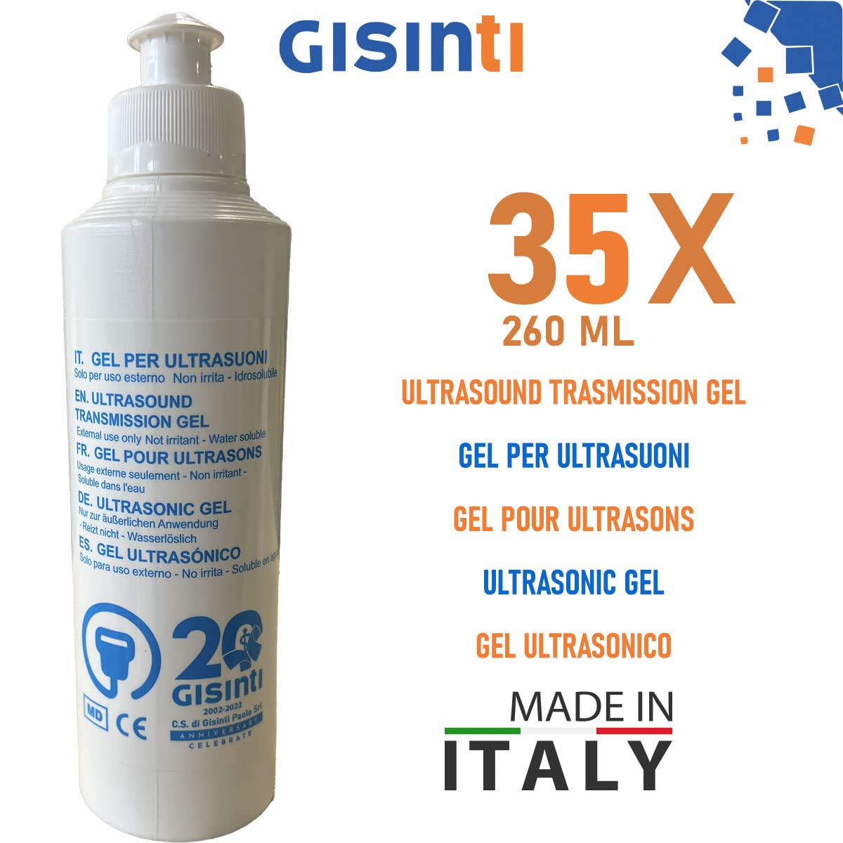 GISINTI Gel 260 ml Gel per Ecografia Gel Ultrasuoni Non Irrita Made in Italy Confezione Maxi 35 Pezzi