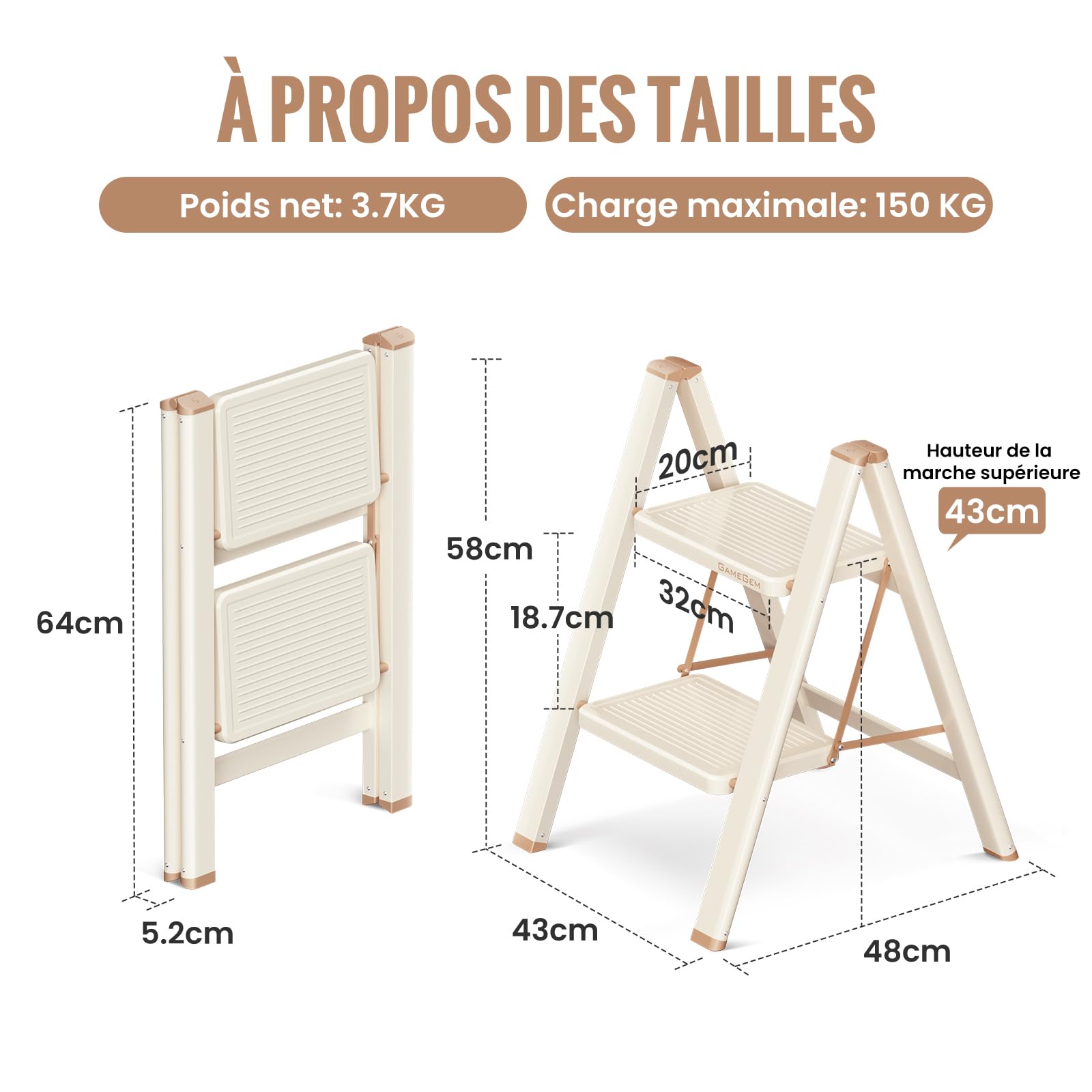 Escabeau 2 Marches pour Adultes, Échelle Pliante avec Base Antidérapante, Marches Élargies, Design Esthétique s'Intégrant Parfaitement aux Intérieurs Domestiques