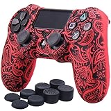 YoRHa Water Transfer Printing Flowers Silicone Cover Skin Case for Sony PS4/slim/Pro Dualshock 4 Controller x 1(red) with Pro Thumb Grips x 8