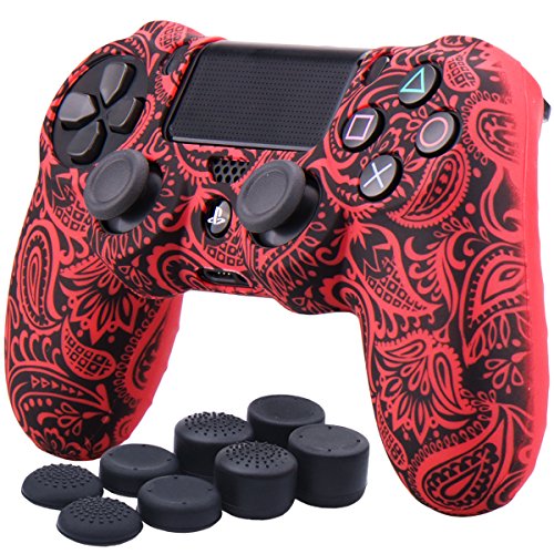 YoRHa Wasser Transfer Druck Blumen Silikon Hülle Abdeckungs Haut Kasten für PS4/slim/Pro Controller x 1 (rot) Mit Pro aufsätze Thumb Grips x 8 Cover