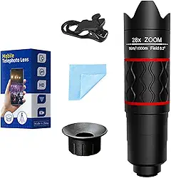 Lente teleobjetiva 28X para telefones iPhone Android, kit de lentes de câmera de celular 2 em 1 com clipe universal, lupa HD para fotografia de smartphone - compatível com todos os smartphones