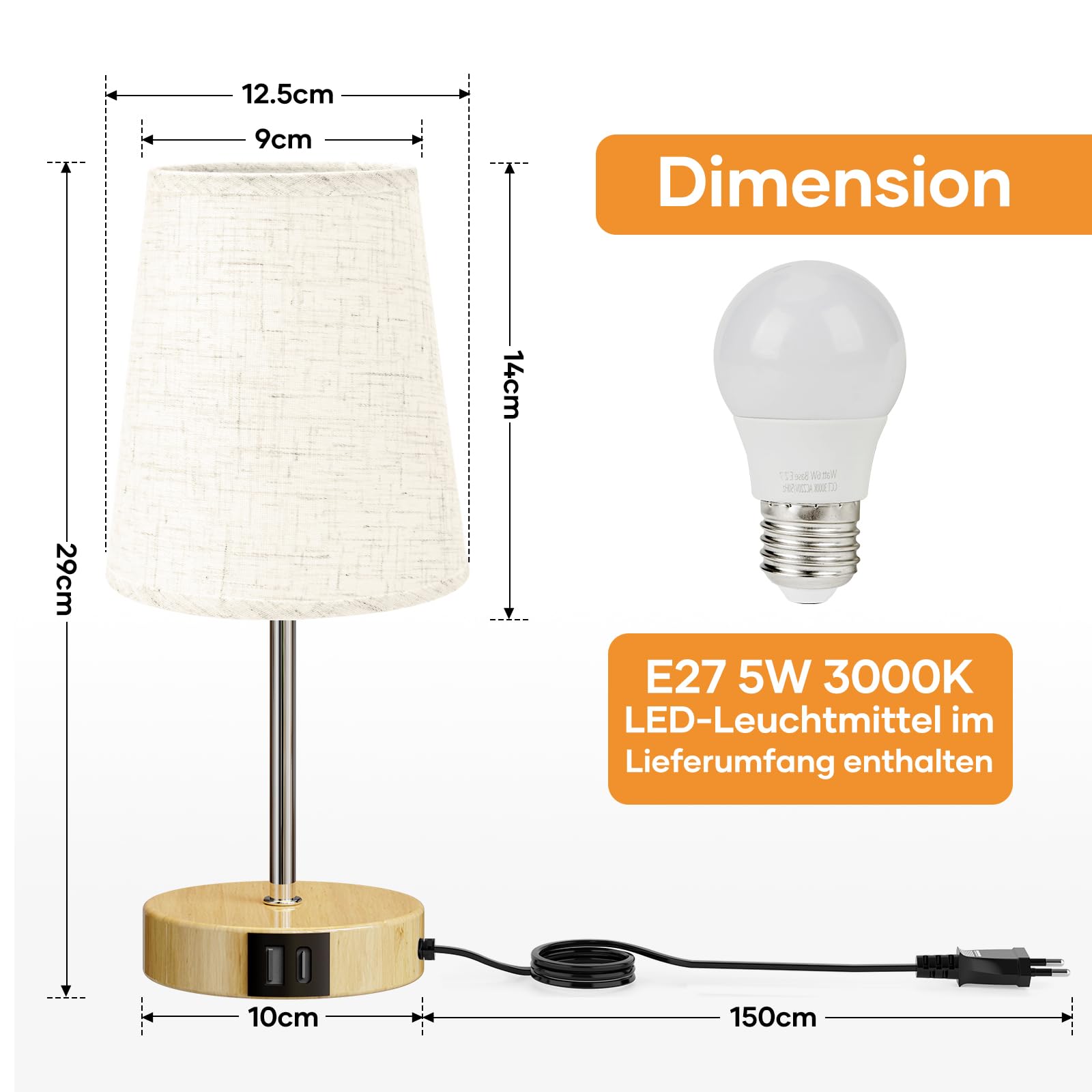 Suright Nachttischlampe Touch Dimmbar, Tischlampe mit USB A+C Ladeanschlüssen, Leinen-Lampenschirm, Holzsockel, Kleine Lampe für Nachttisch Schlafzimmer Wohnzimmer Gästezimmer (LED-Birne Inklusive)