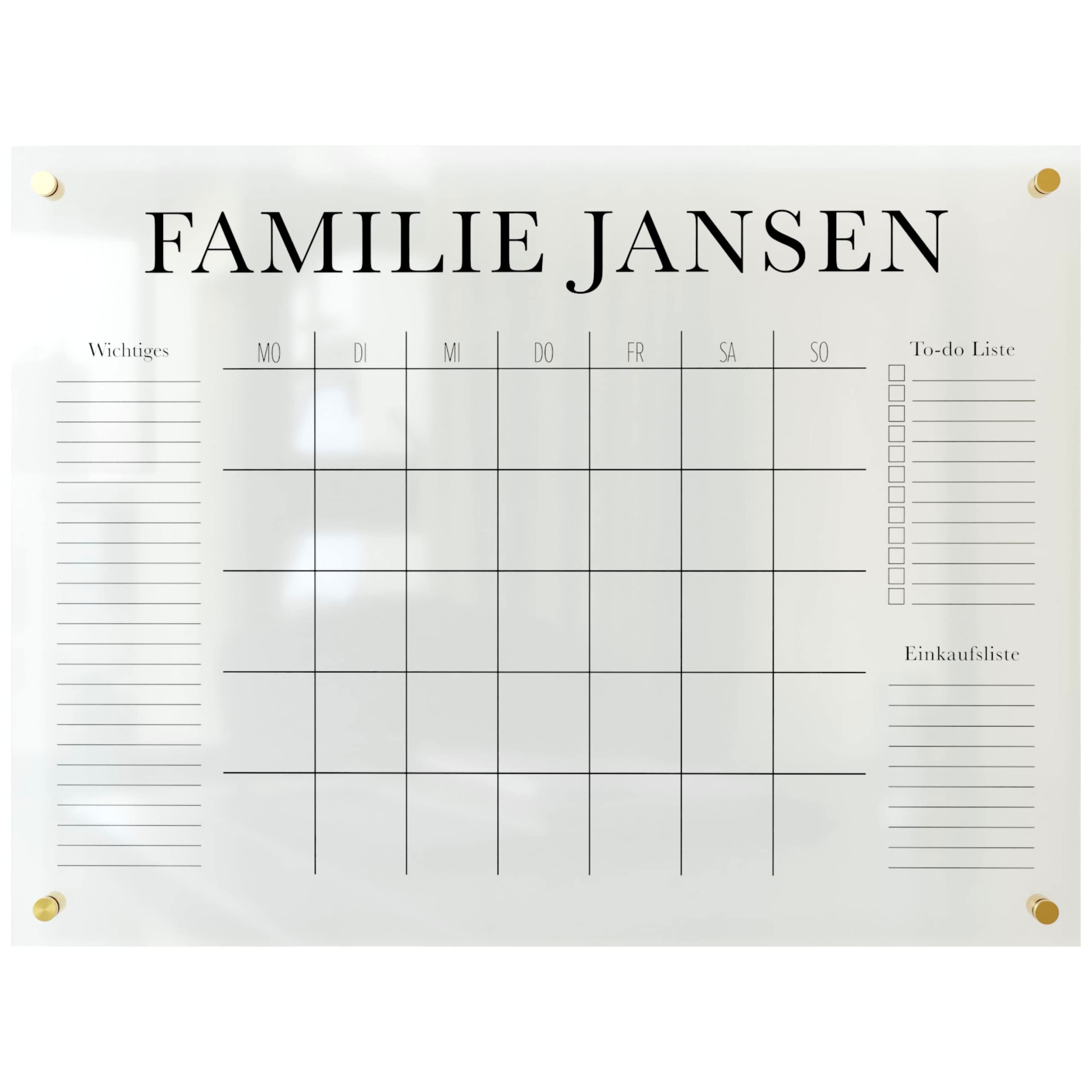 personalisierter Wandkalender - Monatsplaner - wiederverwendbarer Kalender aus Acrylglas - Familienplaner abwischbar für die ganze Familie