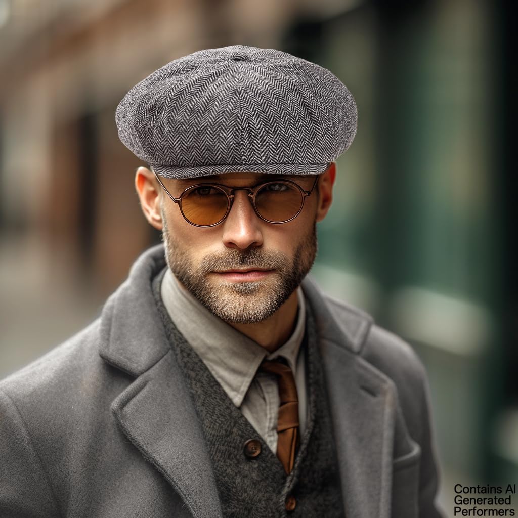 LADYBRO 8-Panel Herren Newsboy-Mütze - Fischgrätenmuster Tweed-Wollmischung Hüte Schirmmütze Scally Ivy Cap Vintage Alltag Freizeit