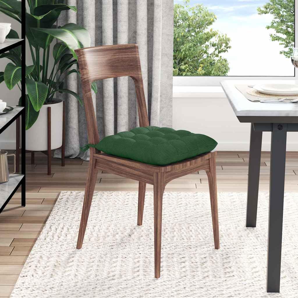 4er Set Sitzkissen 40x40x6 cm Dunkelgrün - Elegante Stuhlkissen aus weichem Cordstoff mit Haltebändern und abnehmbarem Bezug - Komfortable Stuhlauflagen für Esszimmer und Büro