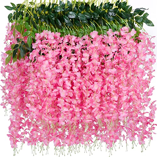 Saucerhome Wisteria Hanging Flowers Pink, 36 Pack (Total 129.6 Feet) Artificial Fake Wisteria Flower Vine Ratta Silk Garland Flowers For Wedding Party Anniversary Wall Decor 45 Inch /3.6Ft Large Pink #TOP29