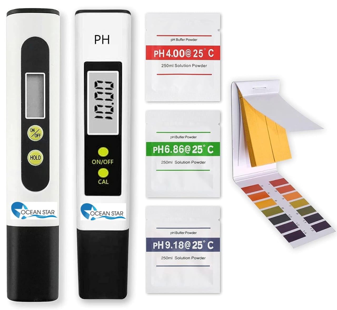 OCEAN STAR Tds Meter Ph Meter and Ph Strip, Full Water Testing Kit with Buffer Powder Litmus Paper for Water Testing, Water and Soil Testing (White)