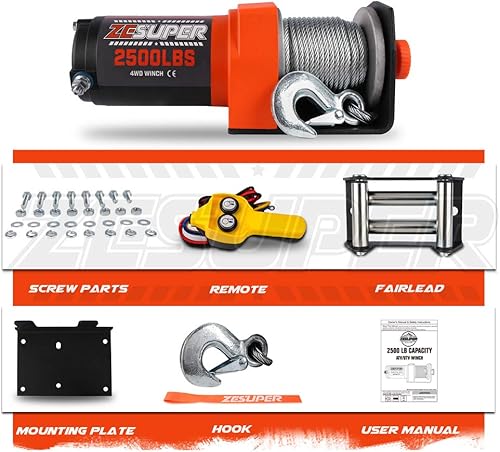 Miniatura 7 de ZESUPER - Kit de cabestrante eléctrico con control remoto de mano, 2500 libras, 12 V CC, cable de acero, impermeable para cuatriciclos, vehículos