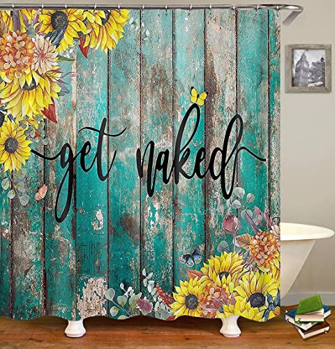 4Pcs Get Naked Sunflower Shower Curtain Sets Floral Green Bathroom Set Decor With Non-Slip Rugs Bath U-Shaped Mat Toilet Lid Cover Country Flower Bathroom Curtains Shower Set With 12 Hooks, 70.8×70.8 #TOP2