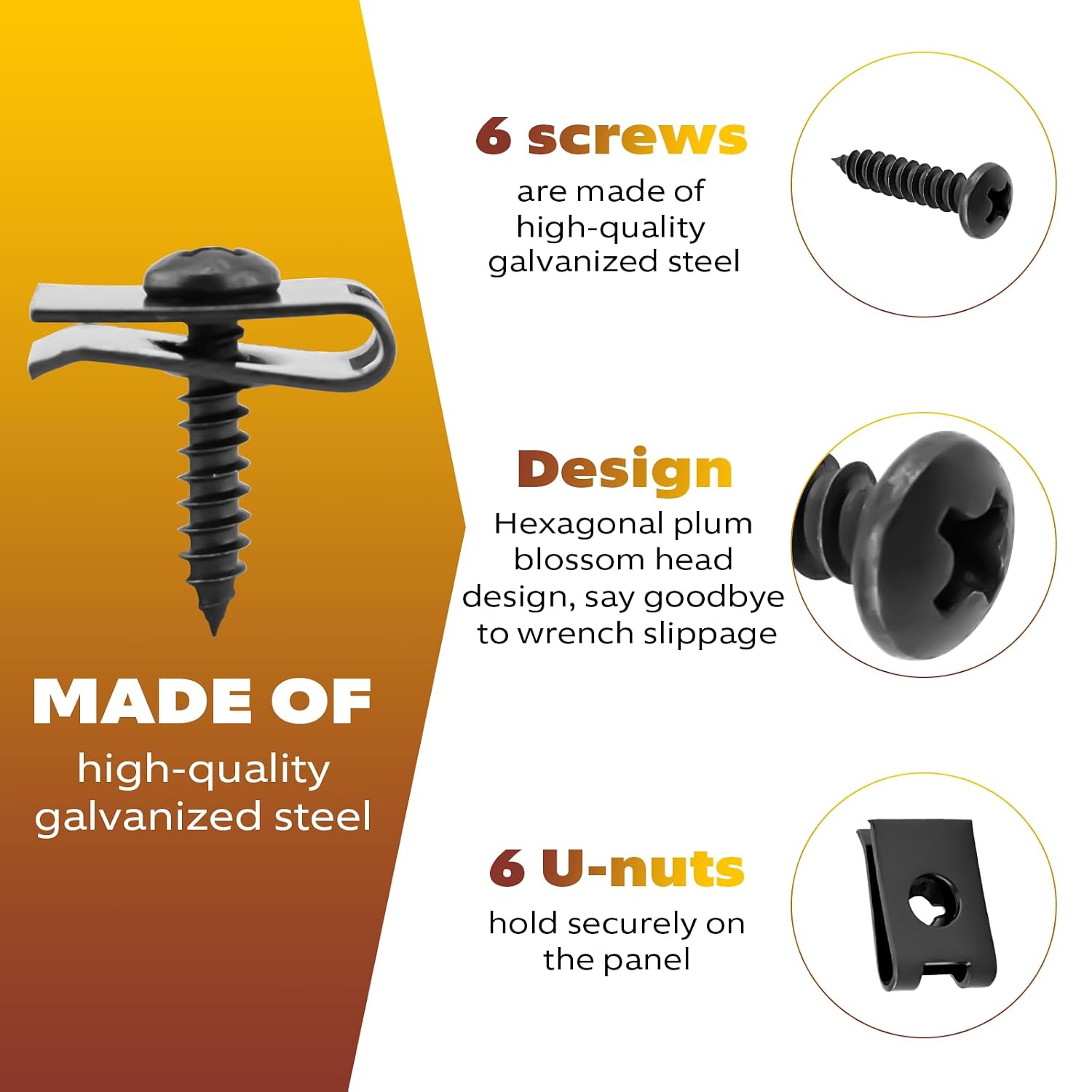 Body Panel Torx Screw & Flat Nut Kit, M6x25mm U-Nuts Compatible with Polaris Ranger RZR General 2014-2025, Replace 7519650 7547674, UTV Hardware for Bumpers Fenders Skid Plates, 6 Pack