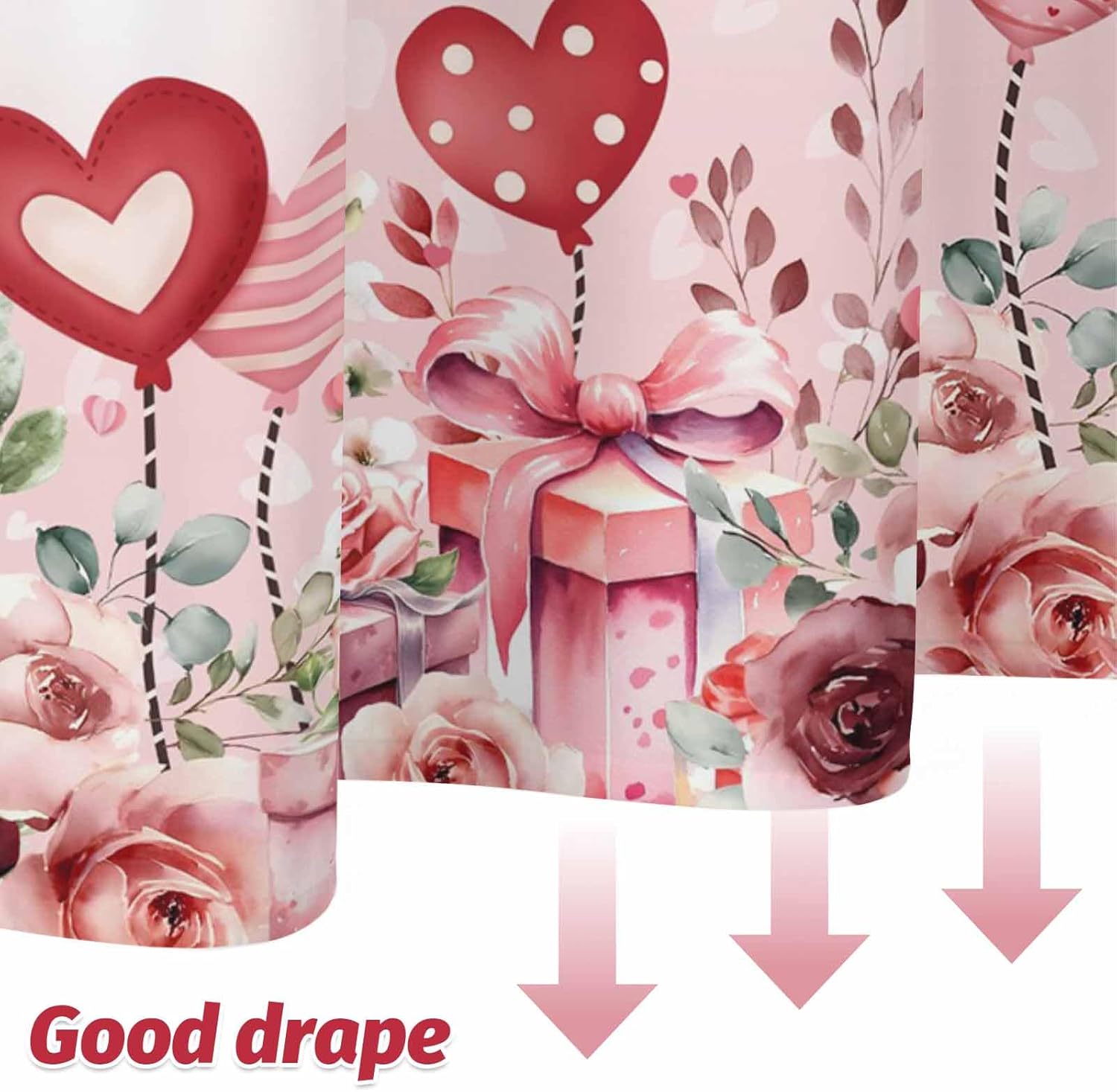 Valentine's Day Shower Curtain Pink Love Heart Bathroom Curtains with Hooks, Waterproof Polyester Fabric Eucalyptus Leaves Rose Shower Curtains Set for Bathroom Bathtubs Holiday Decor Gift 72x72 Inch