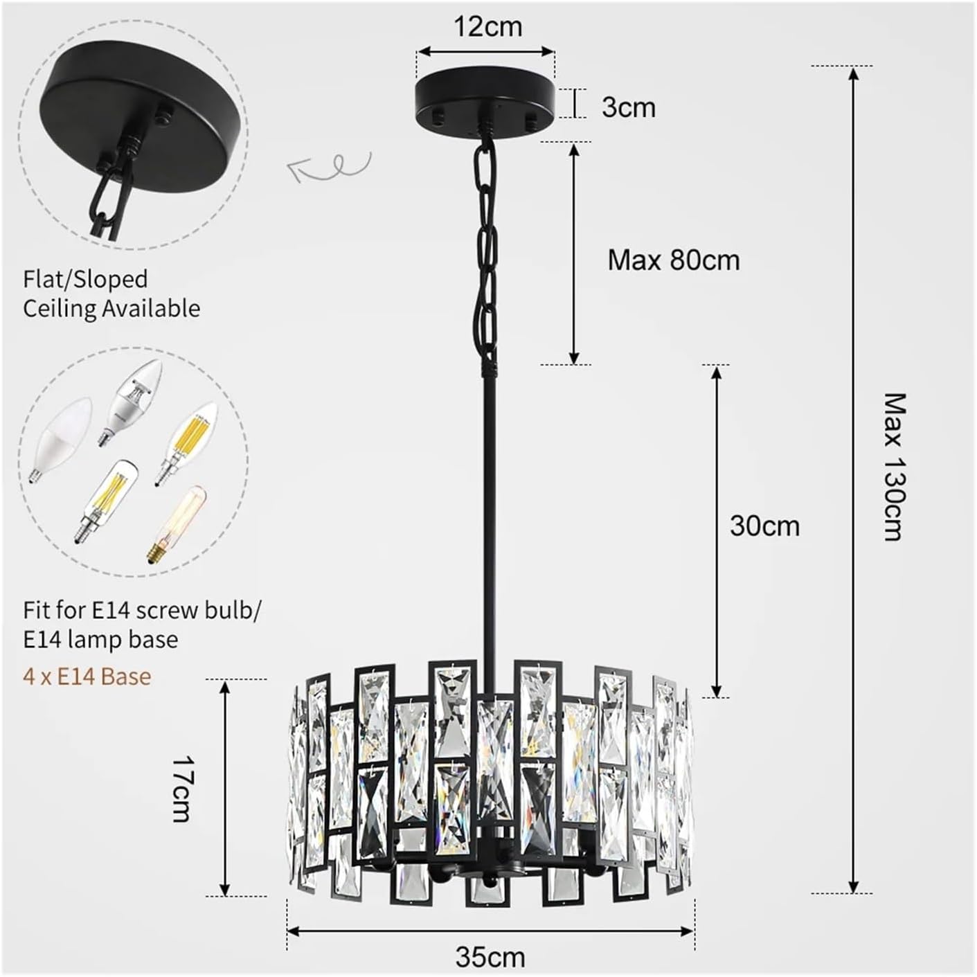 Modern Simple Round Crystal Small Black Chandelier (Compatible with Living Room, Dining Room, Bar) Single Head Home Indoor Light Fixtures(Round 8 Heads)/Round 4 Heads