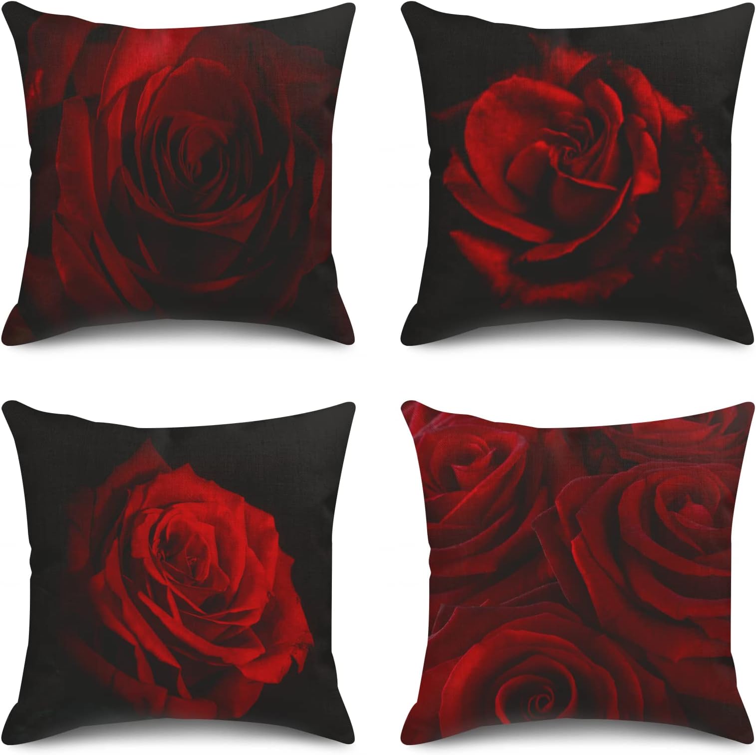 SanwarmThrow Pillow Covers Home Decor Set of 4 Pillow Cases Decorative 18 x 18 Inches Cushion Couch Sofa Pillowcases Red Rose Black Beauty Bloom