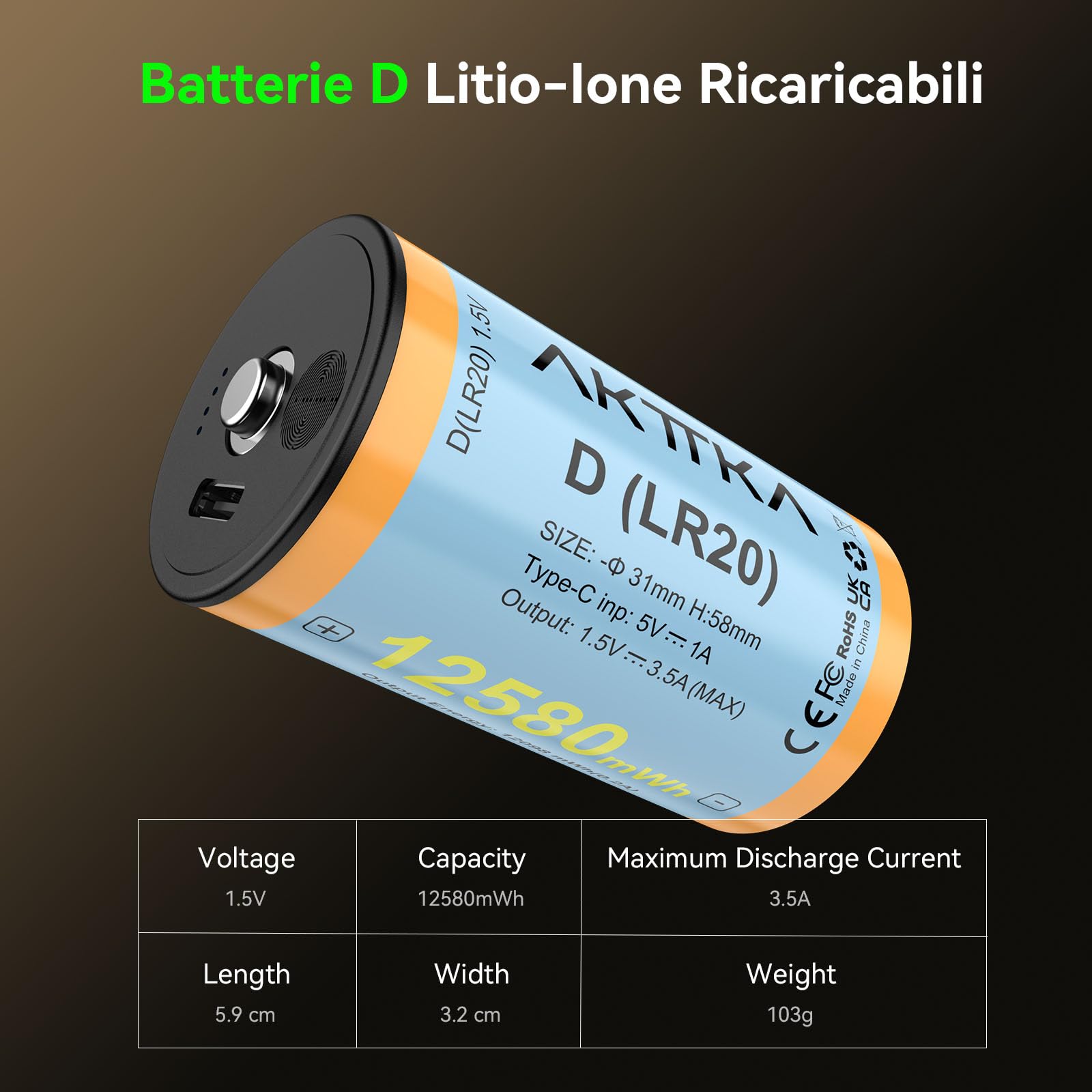 4 batterie ricaricabili 1,5 V Li-ION D/LR20 12580 mWh, ricarica diretta USB-C 5 V/1 A, cavo USB-C 4 in 1, display touch del livello, per campeggio, torce, radio, illuminazione di emergenza