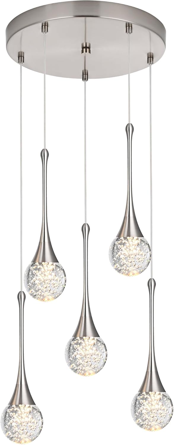 VINLUZ 5-Light Brushed Nickel Crystal Chandelier, Dimmable LED Bubble Raindrop Round Ceiling Lighting Fixture, Luxury Glam Adjustable Spiral Pendant Light for Entryway Living Room Island
