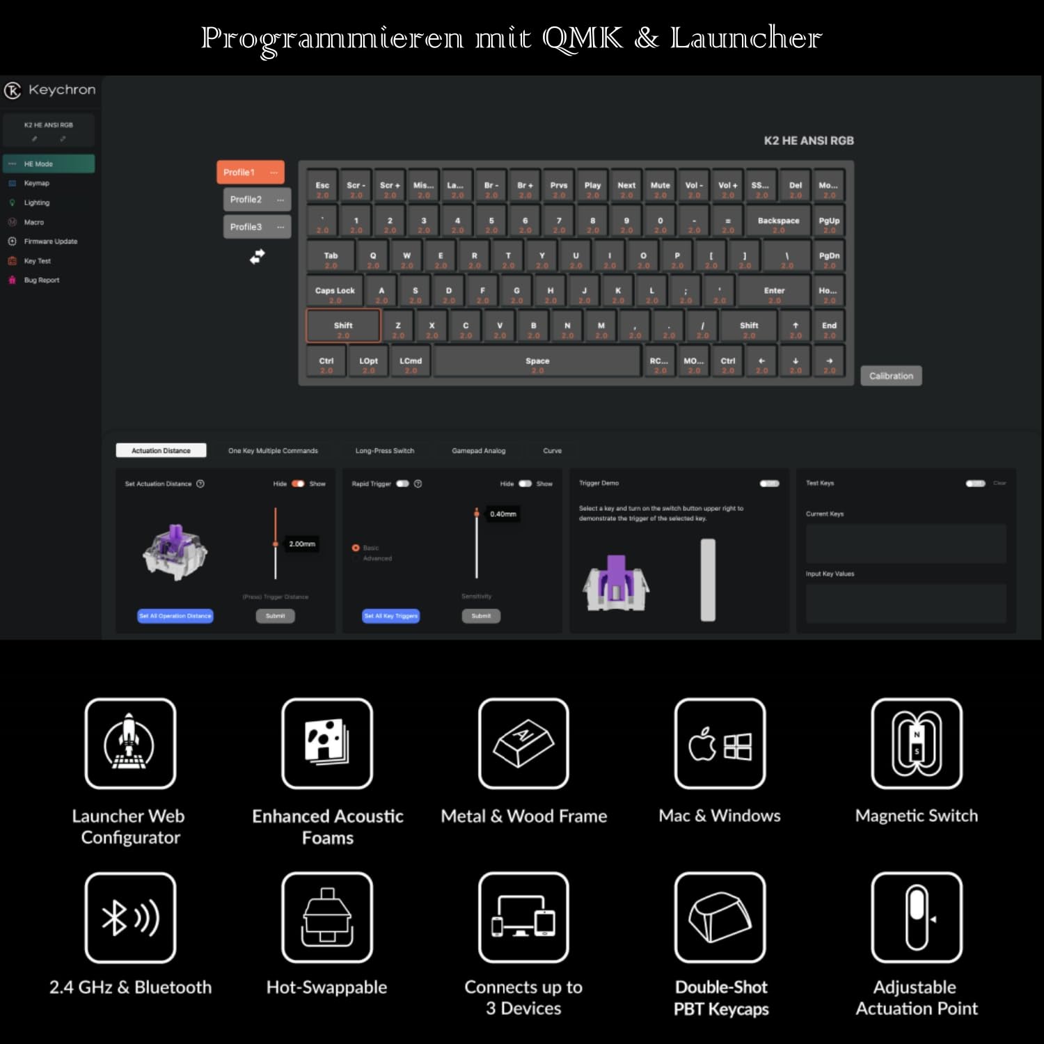Keychron K2 HE TKL DE-ISO Layout Wireless Mechanische Tastatur mit Magnet-Schaltern & Hot-Swap - Bluetooth/2.4GHz/USB-C, RGB-Beleuchtung QMK-Programmierung für Mac/Win, Holzdesign