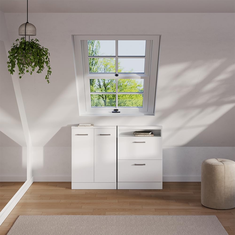 Vicco Szafa skosna Rion, Biały wysoki połysk/Biały, S60 x G46 cm z 2 szufladami, oszczędność miejsca pod skosami
