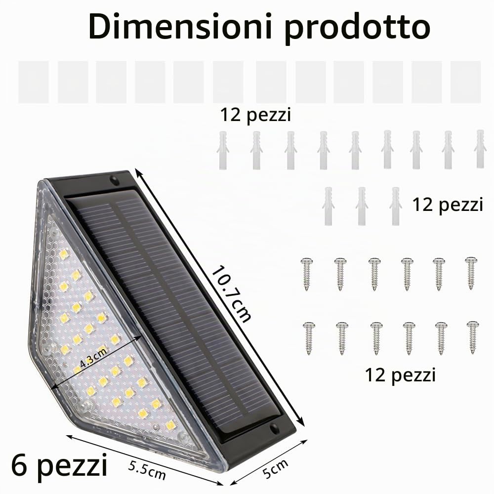 6 Pezzi LED Solare Lampada da Scala, Luci Solari da Giardino, Luce Solare per Scale, luce per scale, lampade a LED da giardino per cortili