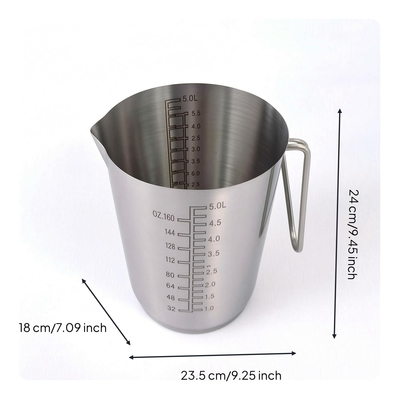 Messkanne aus gebürstet Messkanne mit Ausgießlippe präzise Messbecher mit Griff für Küche, Backen, 5L