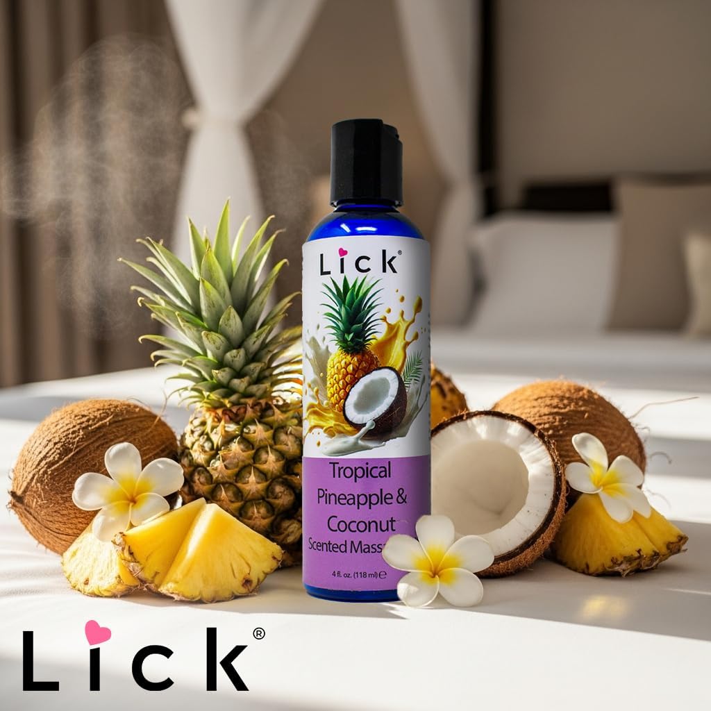 Lick Tropical Pineapple and Coconut Massage Oil with Vitamin E - Edible Body Oil for Couples Massage - Sweet Almond and Coconut Oil Blend - Smooth Long-Lasting Glide for Men and Women - 4 oz