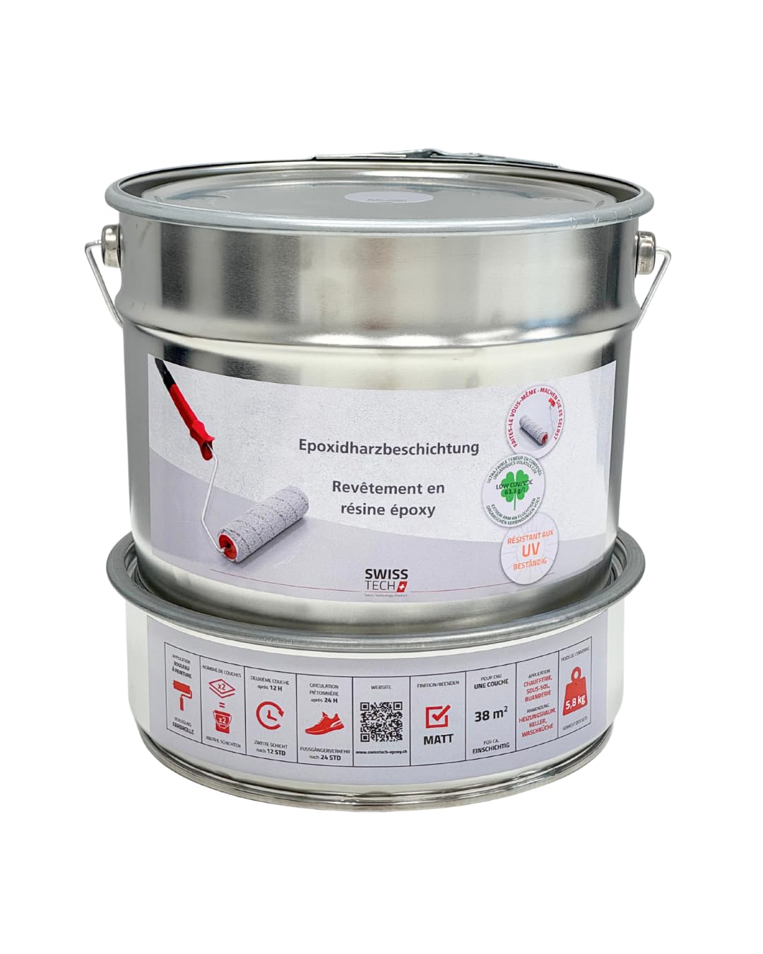 Außen 2K Epoxidharz Betonbeschichtung | 5,8 KG - 38 m² | RAL 7047 Telegrau | Beschichtung für Betonboden & Betonwände, Garage, Balkon, Terrasse | UV-beständig, Lösungsmittelfrei | SwissTech