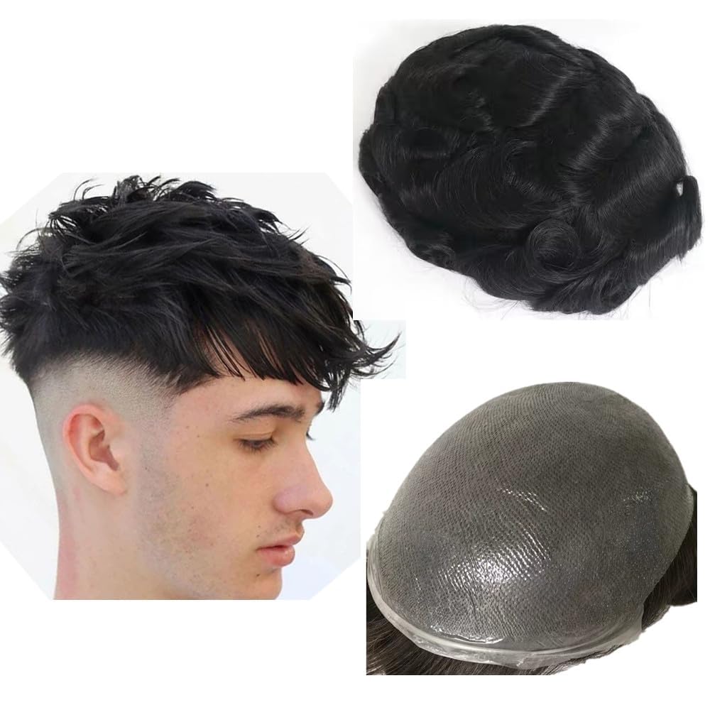 NLW Toupee for Men 0.04 Thin Skin Double Knots 25mm Curl Hairpiece 100% Human Hair System for men wigs Men's Toupee Durable Men's Toupee Real Hair Base Size 8x10 Inch 110% Density #1Jet Black