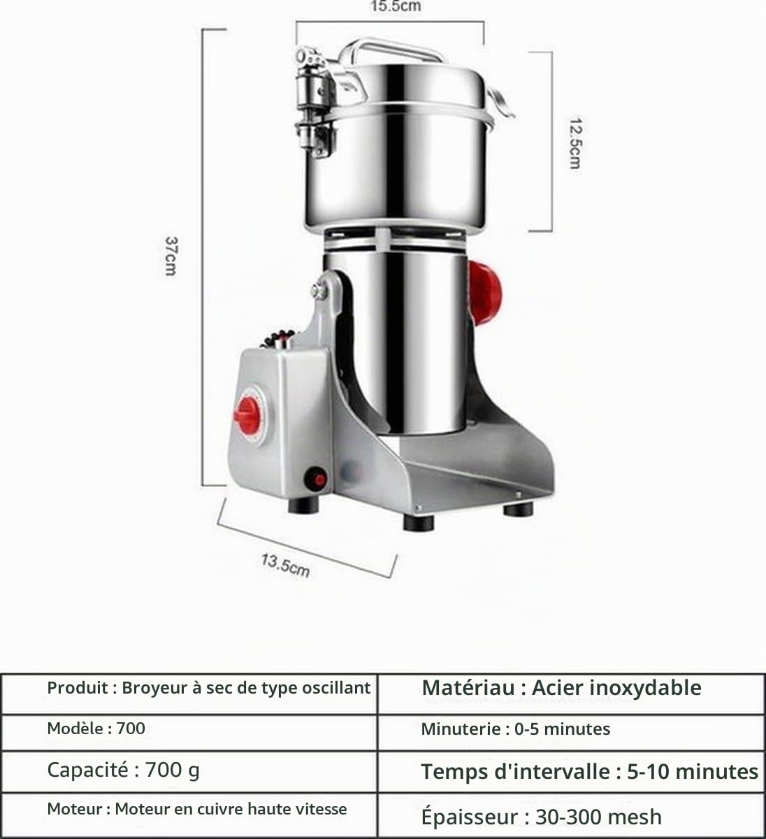 Royal Swiss® Moulin Électrique 1800W – Broyeur à Grains & Épices 350g en Inox | Moulin à Céréales, Café, Farine, Herbes | Haute Vitesse, Lames 3 Couches, Sécurité Anti-Surcharge (350g)