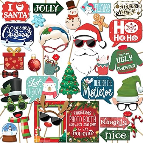 Christmas Photo Booth Props - 41-pc Photobooth Kit with 8 x 10-Inch Sign, 60 Adhesive Pads, 45 Sticks - Christmas Photobooth Props - Holiday Photobooth Prop Cover
