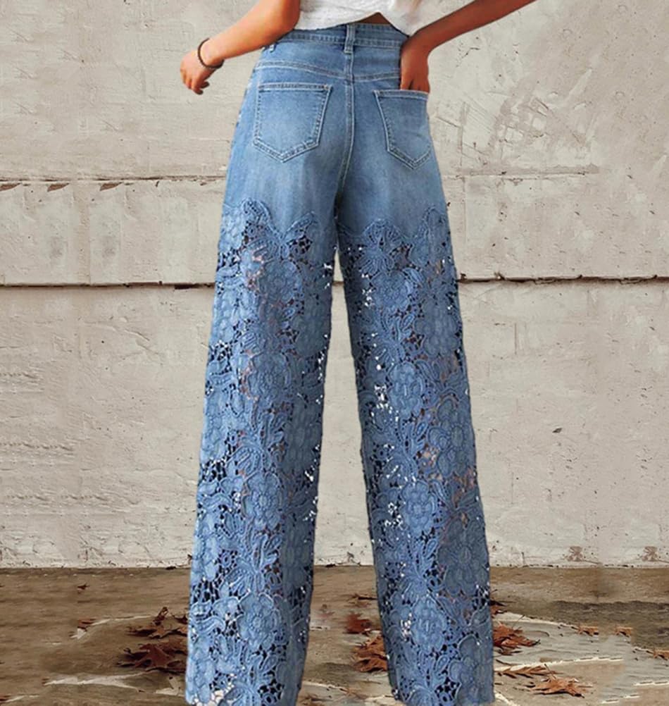 High Waisted Wide Leg Jeans for Women Trendy Hollow Lace Patchwork Denim Pants