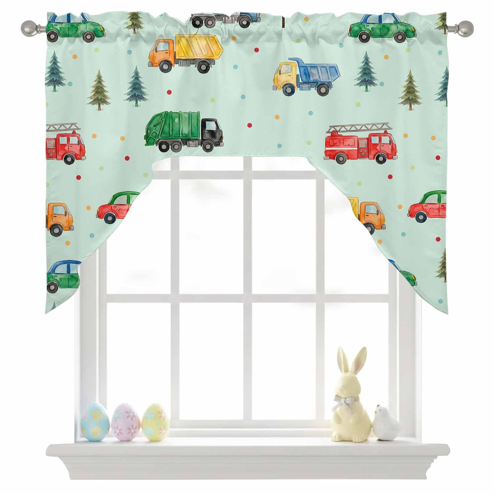 Swag Curtain Valance for Kitchen, Fire Trucks Engineering Vehicles Trees Cars Swag Valances Rod Pocket Curtains, Wave Points Light Filtering Window Topper for Bedroom Bathroom